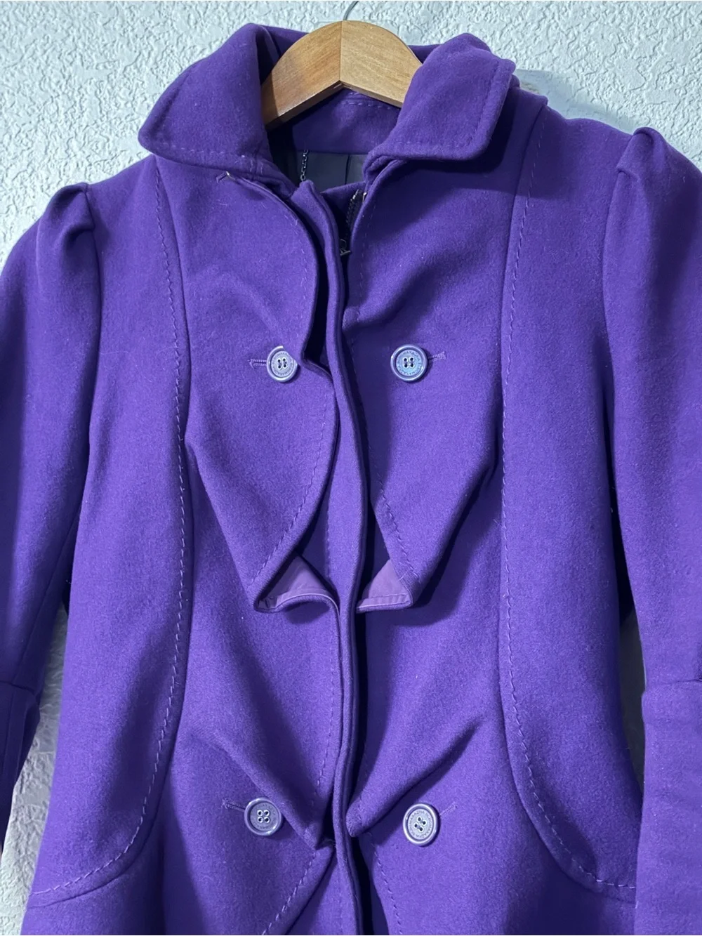 BCBGMaxAzria Purple Structured Ruffle Front Wool-Blend Coat and belted cuffs